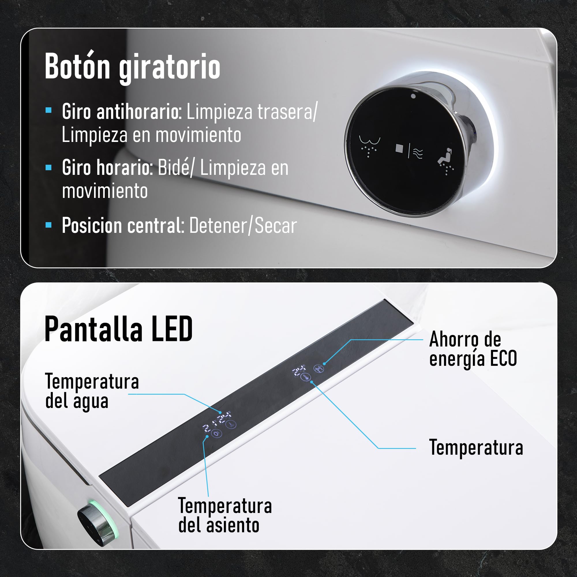 Inodoro Inteligente Estilo Japonés | 680x390x490 mm | WC con Bidet Integrado, Asiento Calefactable, Agua Caliente y Secado, Sensor, Control Remoto y Tapa Automática, Sin Depósito (Blanco | 1C)
