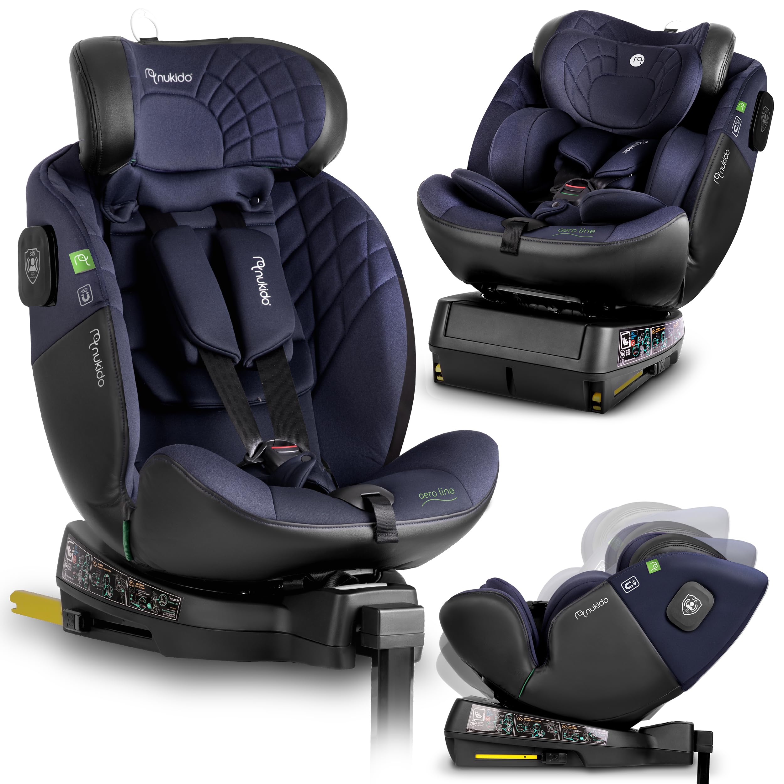 Nukido Kindersitz 360 Drehbar Autositz Kinder Kinderautositz i-Size ISOFIX 5 Punkt Sicherheitsgurt 0-12 Jahre Bis 36 kg Schwarz Blau Aero Line