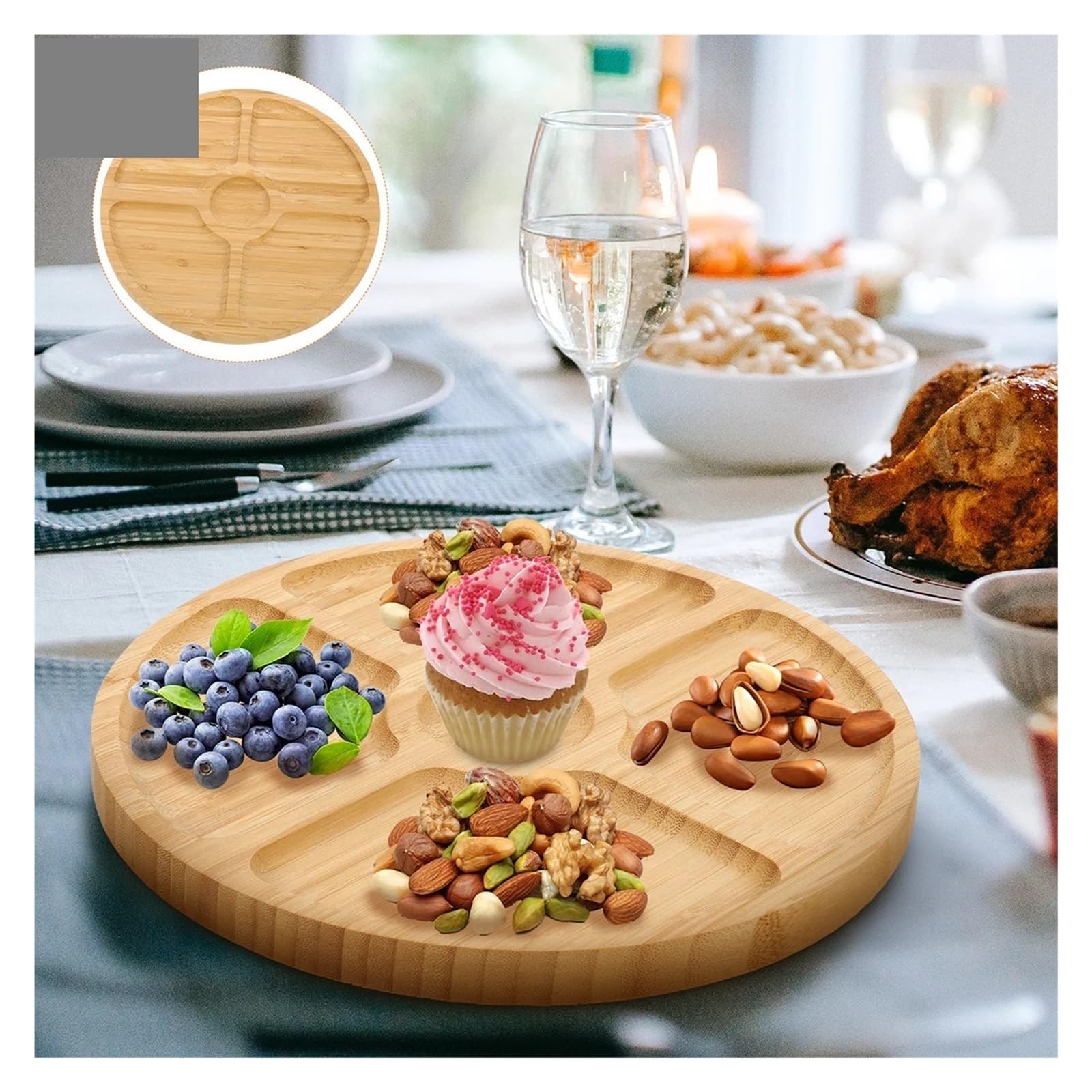 Vassoio Natalizio Vassoio da portata rotondo in bambù con 5 scomparti, ideale for snack, frutta, noci, piatto in legno con divisori for vassoi da festa(25cm)