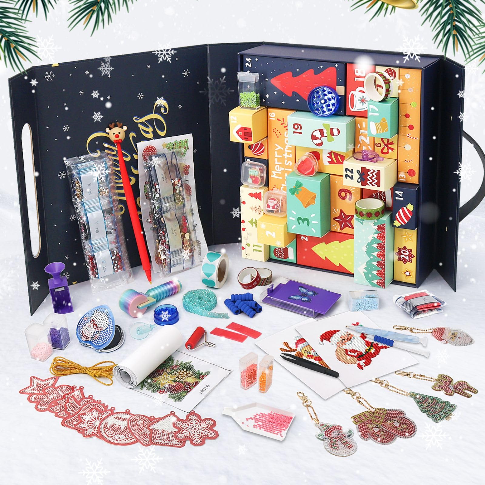 CustmArti DIY Weihnachten Diamond Art Painting Adventskalender Set Kinder 24 Fächer Überraschung Basteln Motive Glitzer Kristalle Werkzeuge Urlaub Dekoration-A