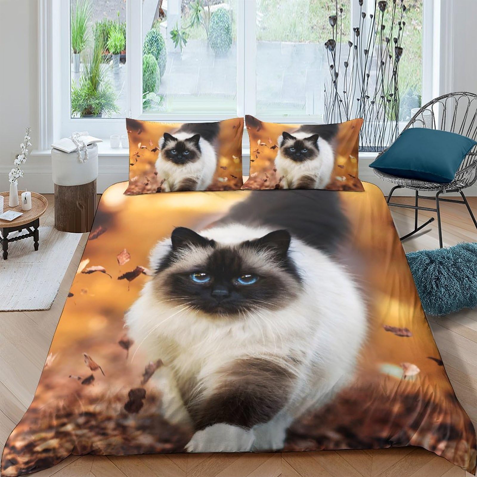 Ctjqhvkz Style-5 3D Printed Cat Autumn Leaves Fitted Sheet Microfiber Soft Decor Bedroom Guest Room Mattress Cover Single（135X200cm）