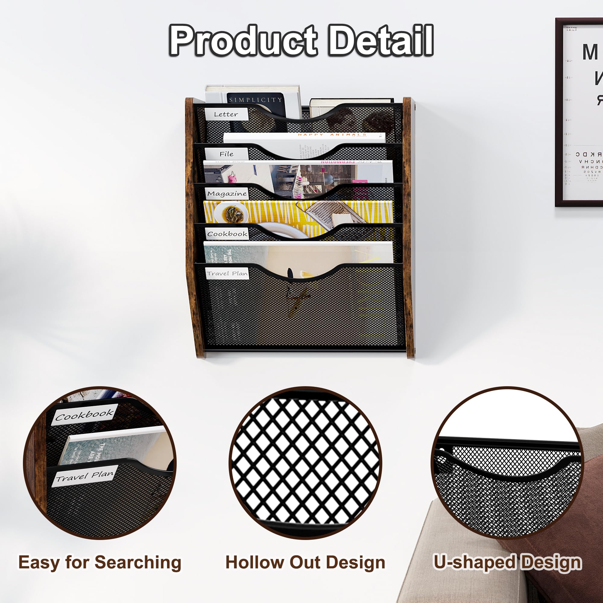 5-stöckig Hängend Zeitschriften Wandhalter,Wandhalterung Aktenhalter,Flyerhalter Prospektspender Metall Holz A4 Zeitschriftenhalter Wand für Büro/school supplies/home,Antik Braun
