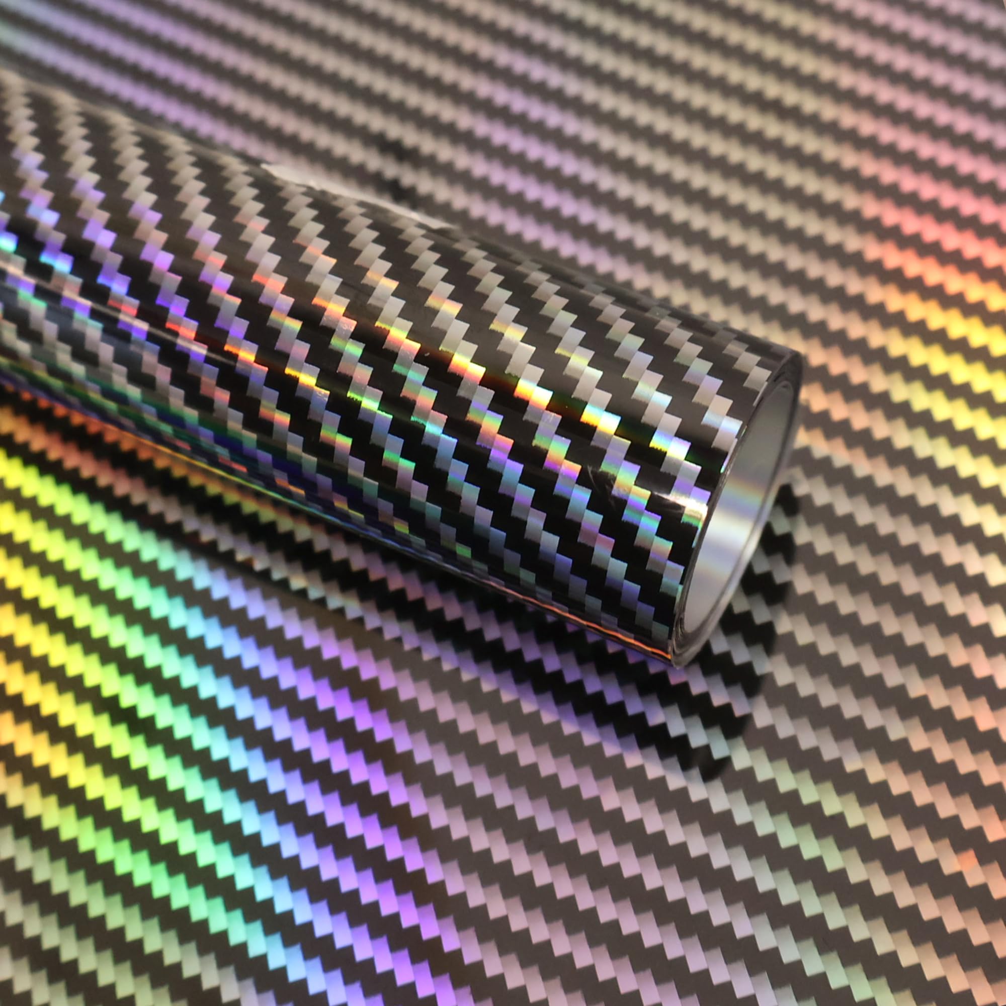 Lypumso 2D Holographic Carbon Fiber Vinyl Wrap, High Gloss Silver Rainbow Chrome Wrapping Vinyl Film with Air Release Technology Auto DIY Paint Replacement Wrap Roll 1ft x 5ft