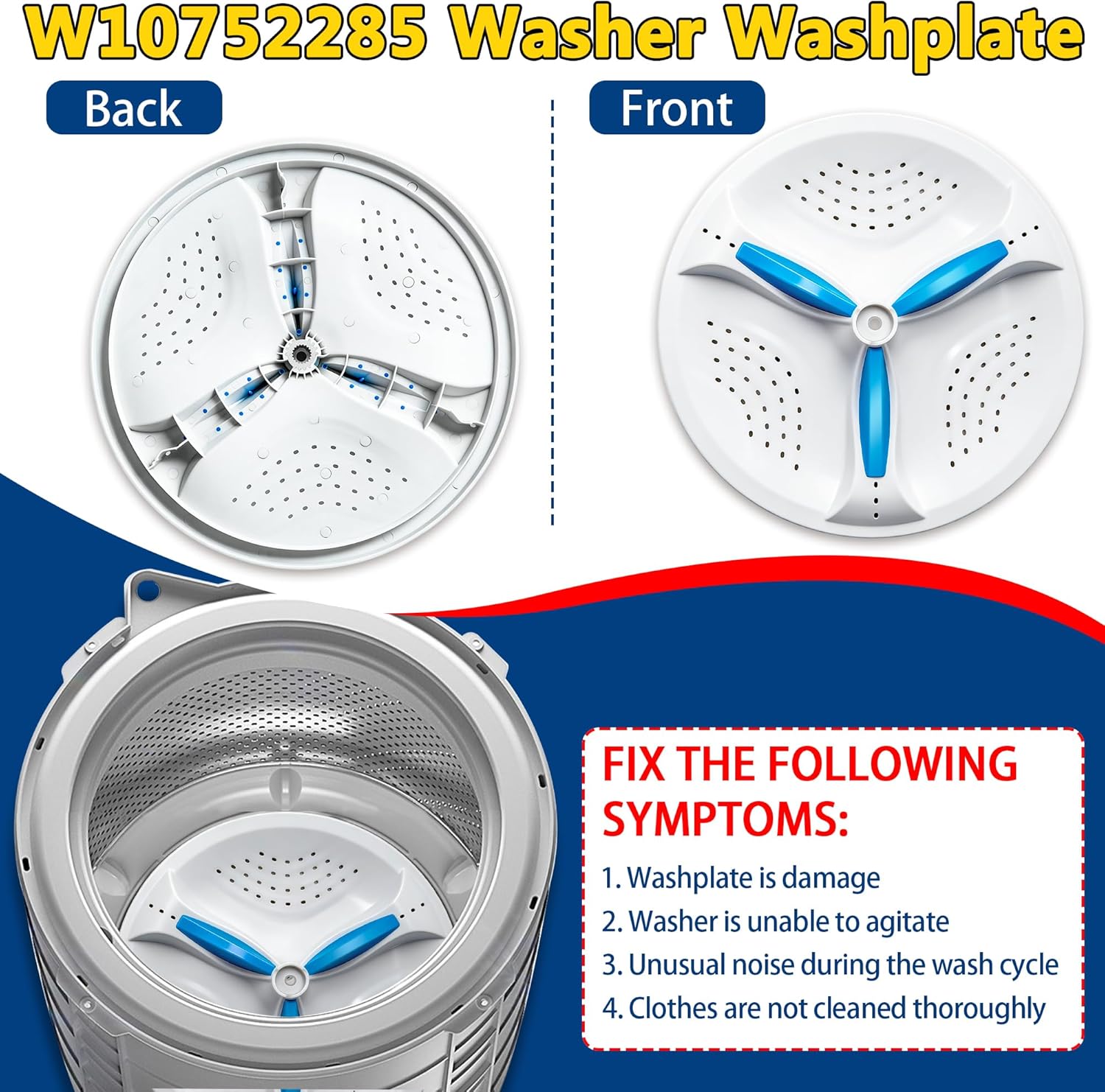 W10752285 Washer Washplate Fit for Ken-more Replace W10609478 W10723577 W10834904 W10840269 W10885627 W11184042 W11249151 AP5956379 PS10064550 EAP10064550 3452758