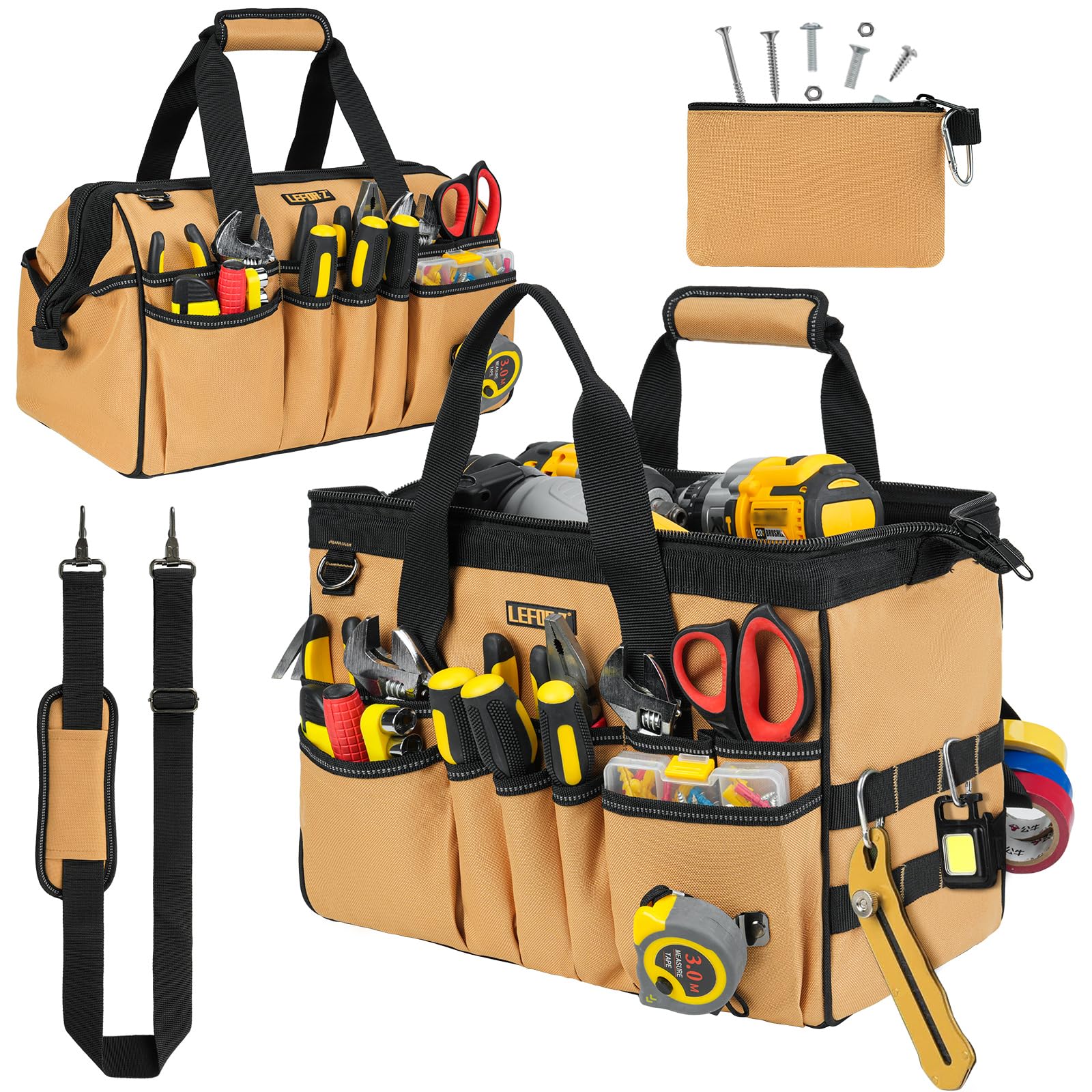 15-Inch Tool Bag,38 Pockets Tool Bags for Men,Heavy Duty Tool Box Organizer Storage,Wide…