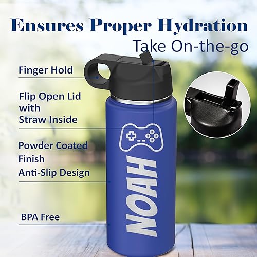 Miniatura 4 de Botella de agua de acero inoxidable aislada personalizada para niños, 18 onzas con tapa superior abatible y popote, grabado personalizado con nombre