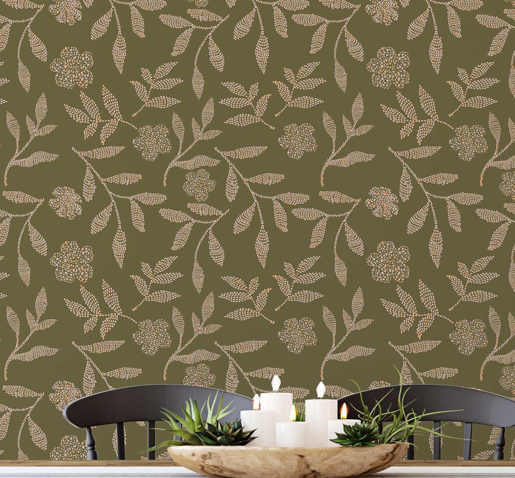 Papier peint coquelicots vert vinyle adhésif mural amovible et imperméable pour chambre