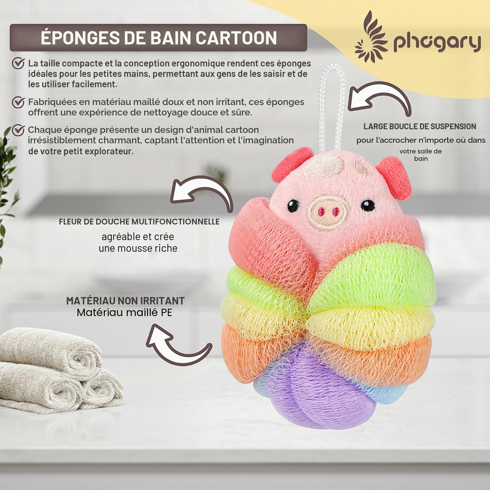 PHOGARY Lot de 3 Fleur de Douche Lavable pour Enfants, Fleur de Bain Adorables pour le Corps, Pouf de Douche en Forme d'Animal Éponges Luffa, Gommage pour le Corps Éponge en Maille pour Enfants-B