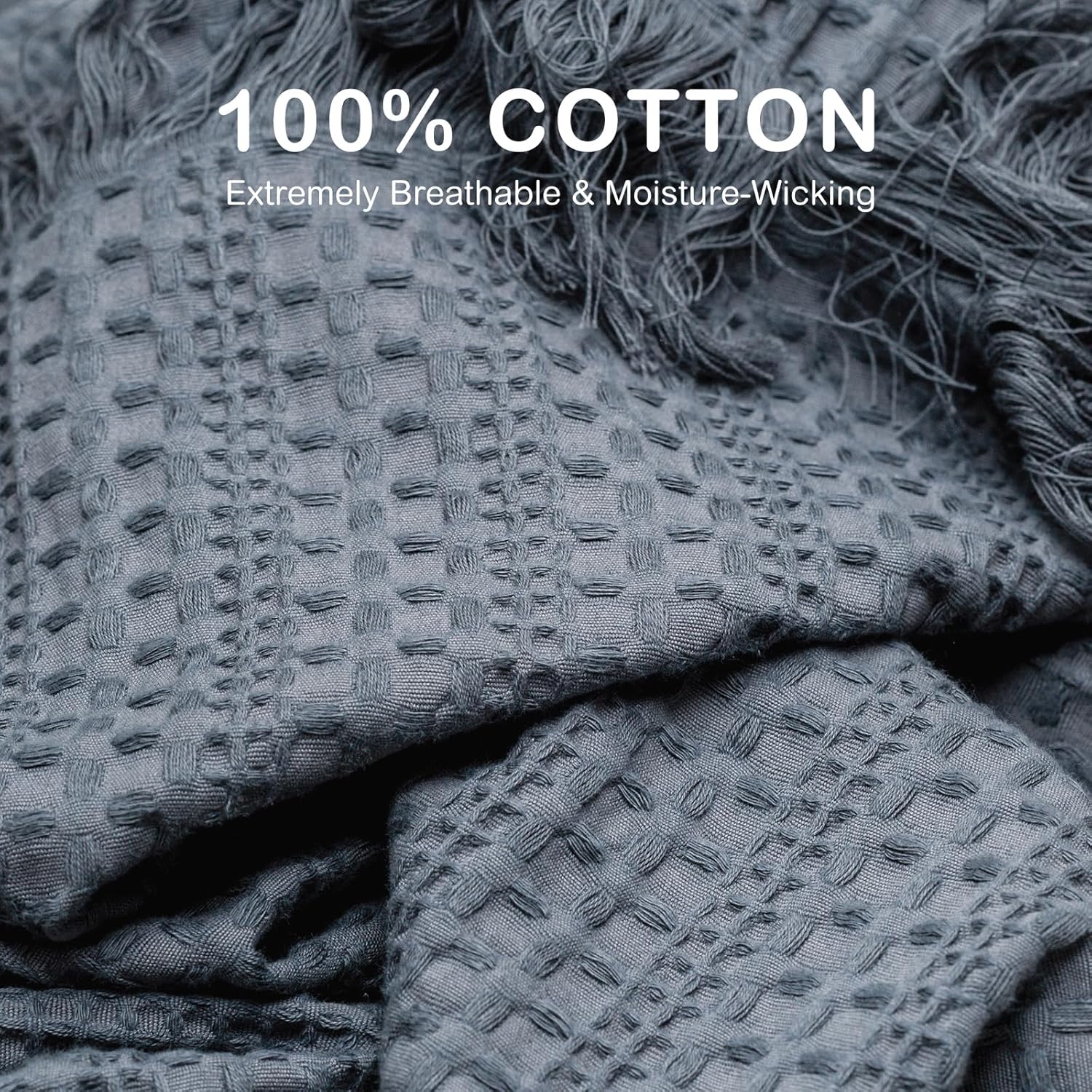 100% Cotton Waffle King Blanket with Fringe 104"x90", Pre-Washed Waffle Weave Blanket for All Season, Lightweight Breathable Soft Cozy Throw Blanket for Couch, Bed, Travel (Blue)