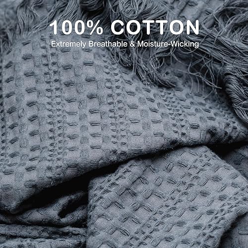 Miniatura 3 de Manta Queen de 100 % algodón con flecos, 90 x 90 pulgadas, manta de tejido de gofre prelavada para todas las estaciones, ligera, transpirable, suave