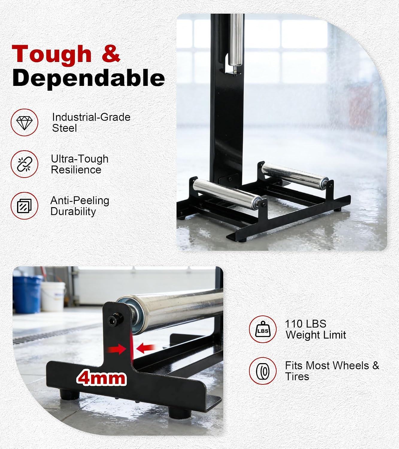 360° Rolling Wheel Detailing Stand, Heavy Duty Steel Wheel Cleaning Stand for Tire, Rim Polishing, Ceramic Coating, Car & Motorcycle Wheel Roller Stand