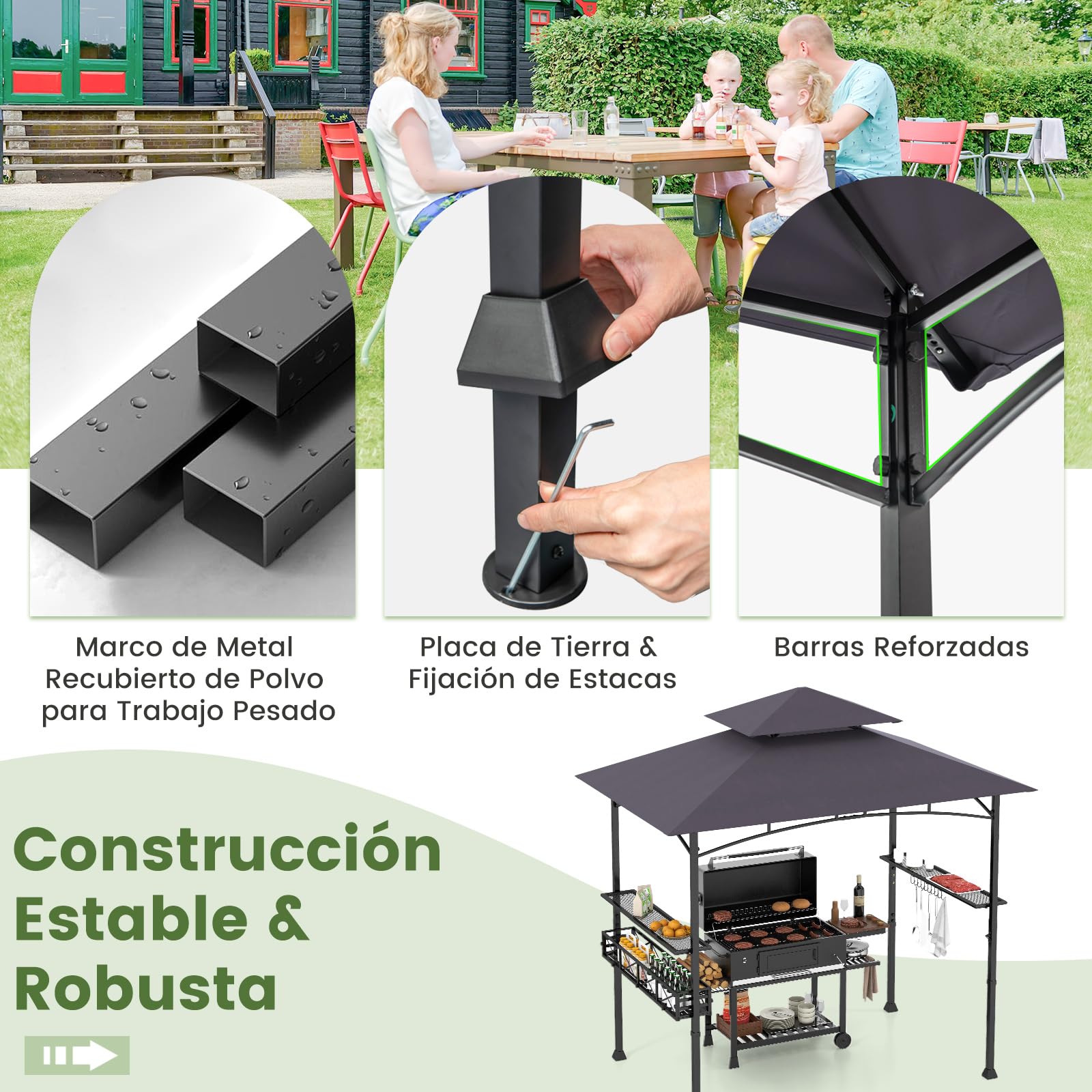 GOPLUS Cenador de Barbacoa Exterior 242x153x250cm, Carpa de Doble Techo con 2 Estantes Laterales, 20 Ganchos, Abridor de Botellas y Cesta, Pergola Barbacoa para Jardin Patio (Gris Oscuro)