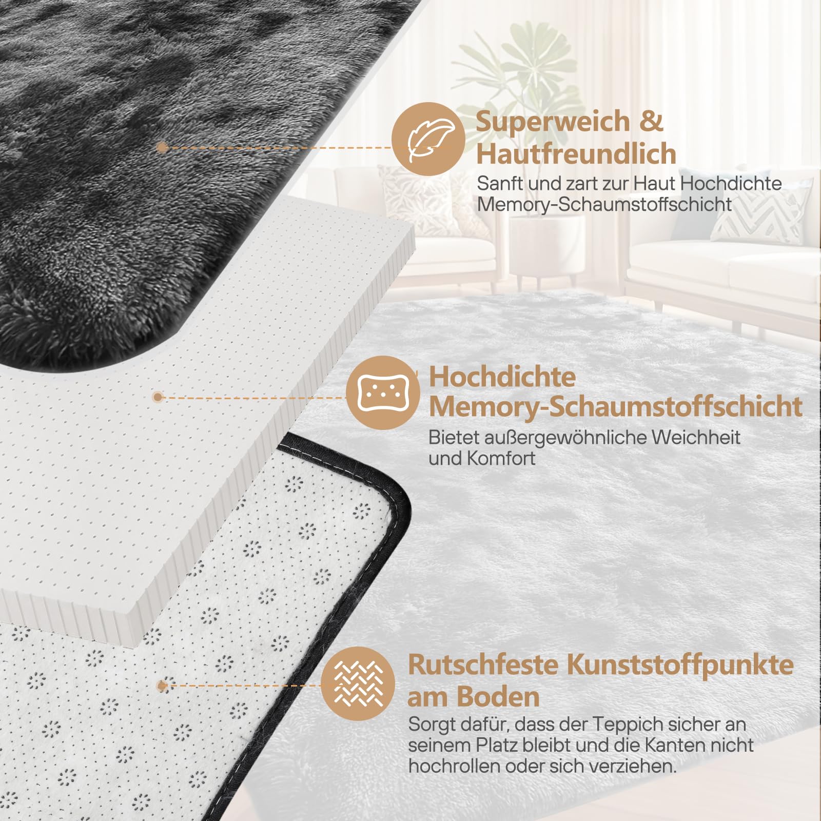 Teppich Wohnzimmer 200 x 300 cm: Hochflor Teppich Grau | Flauschiger Shaggy Teppich, Waschbar & Rutschhemmend, Weicher Polyester Teppiches für Schlafzimmer, Kinderzimmer