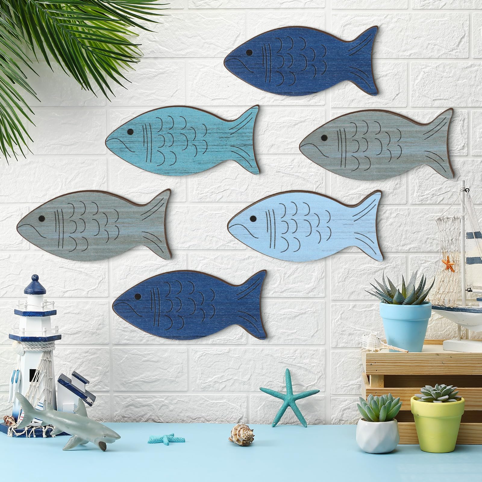 Amazon.co.jp: Spiareal 24個 木製 魚 壁 装飾 航海 ビーチ 壁 装飾