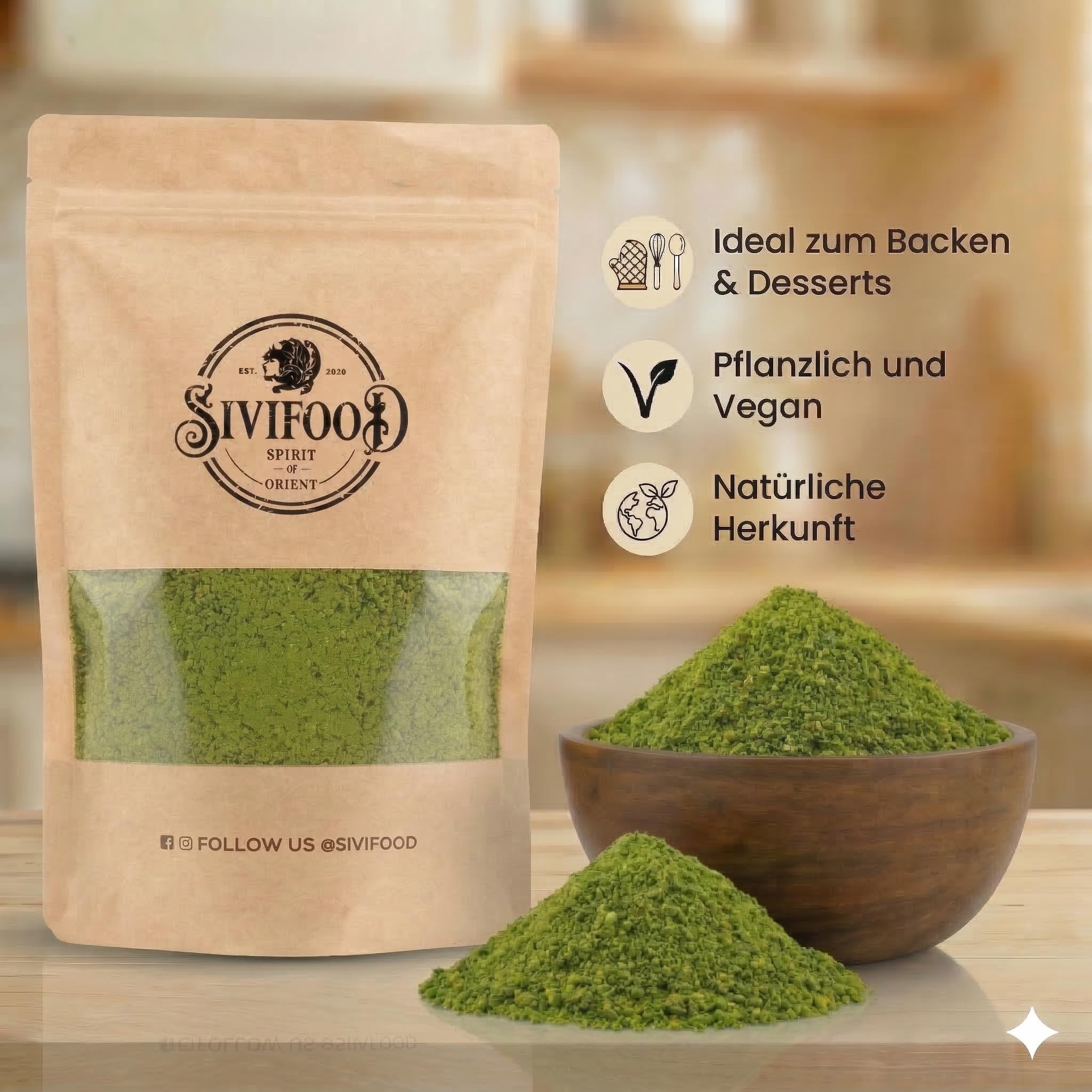 SIVIFOOD Farina di pistacchio 250g – Pistacchi verdi naturali macinati, non salati e non tostati – Qualità premium per dolci, pasticceria, gelato e cucina gourmet – Senza additivi