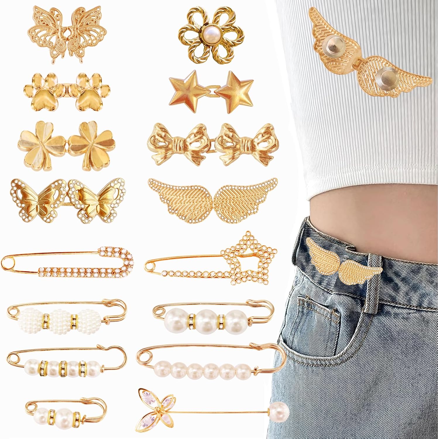 Pant Waist Tightener, 8 Styles Adjustable Golden Buttons Pins for Loose Jeans Reusable Waist Tightener for Pants Women Metal Butterfly Brooch for Clothing Dresses Skirts