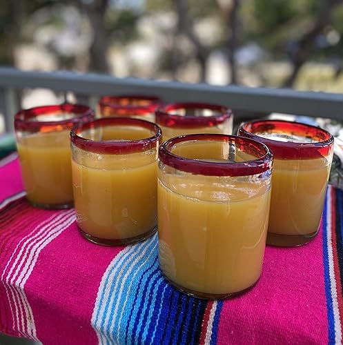 Miniatura 3 de Dos Sueños Vasos mexicanos soplados a mano, juego de 6 vasos con bordes rojos (10 onzas cada uno)