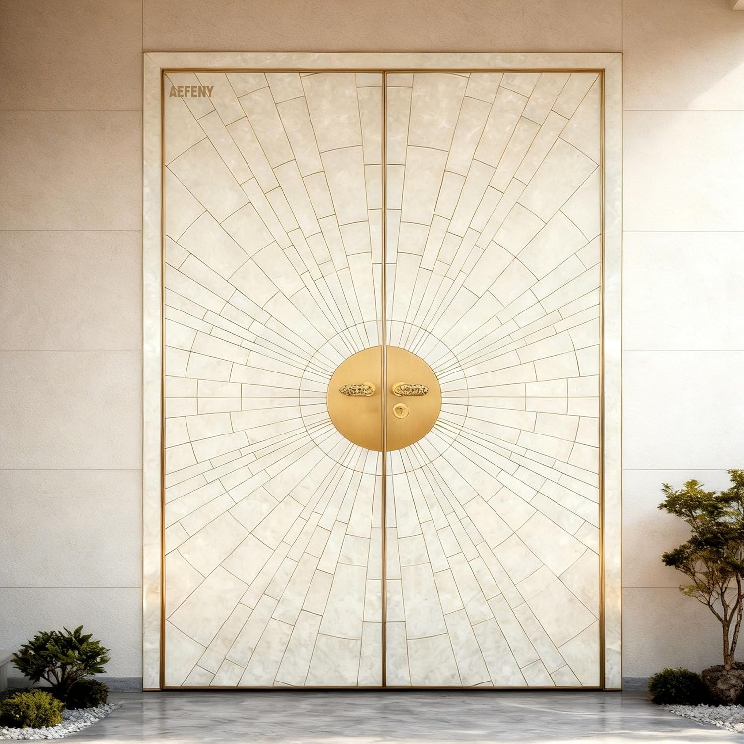 Luxury Double Entry Door, Sunburst Design, Gold Aluminum Frame, Anti-Theft Security, Smart Access Price per Square Meter