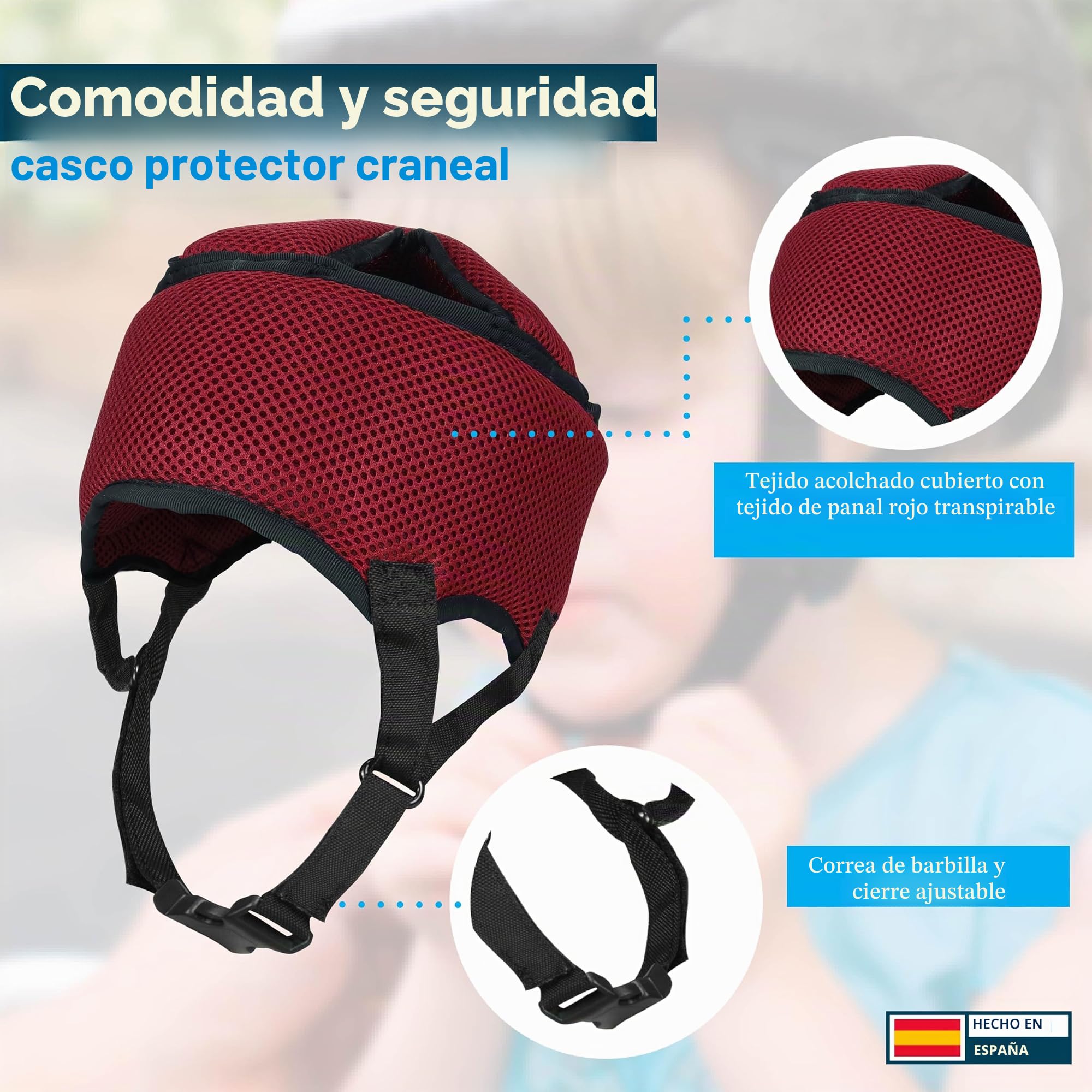 Ubio Casco de Protección Craneal Rojo Tejido Acolchador Transpirable, Protector Cabeza Personas Mayores, Epilepsia, Convulsiones, Niños, Adultos. Arnés de Mentón Ajustable 44-50cm Fabricado en España