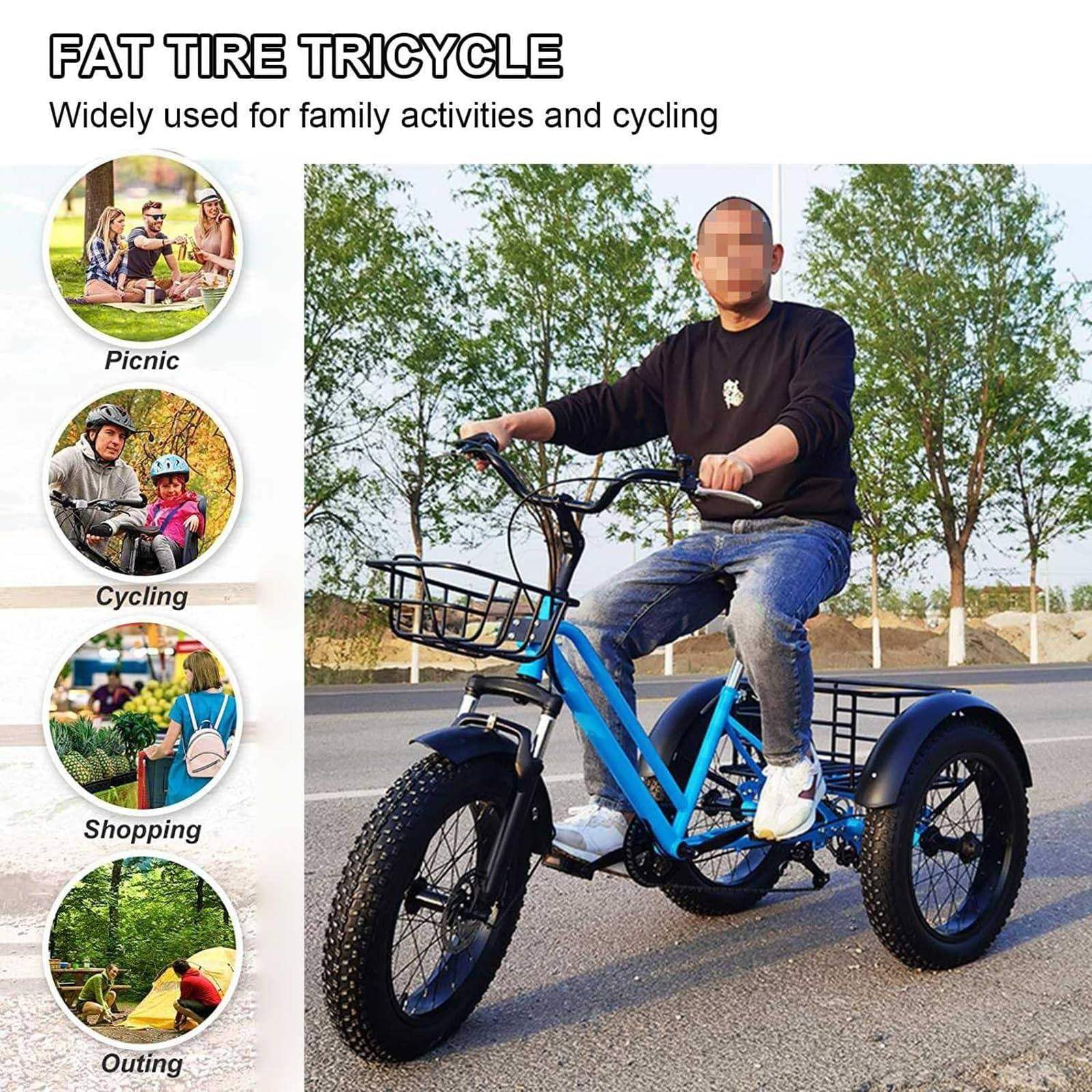 Rower trójkołowy dla dorosłych, 20 cali, 7 biegów, opony fatbike 4,0", kosz na zakupy i błotniki do codziennego użytku, niebieski