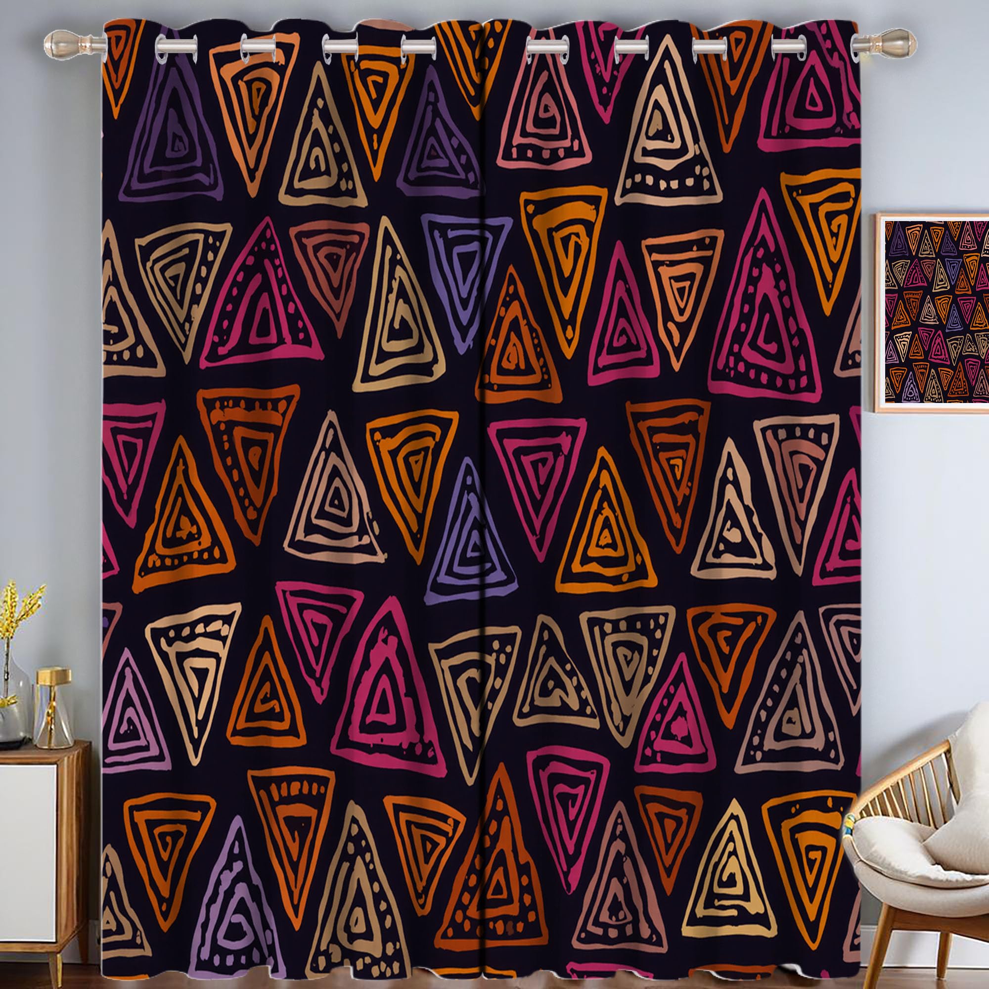 Rideau occultant thermique jaune pâle à motifs triangles géométriques pour chambre