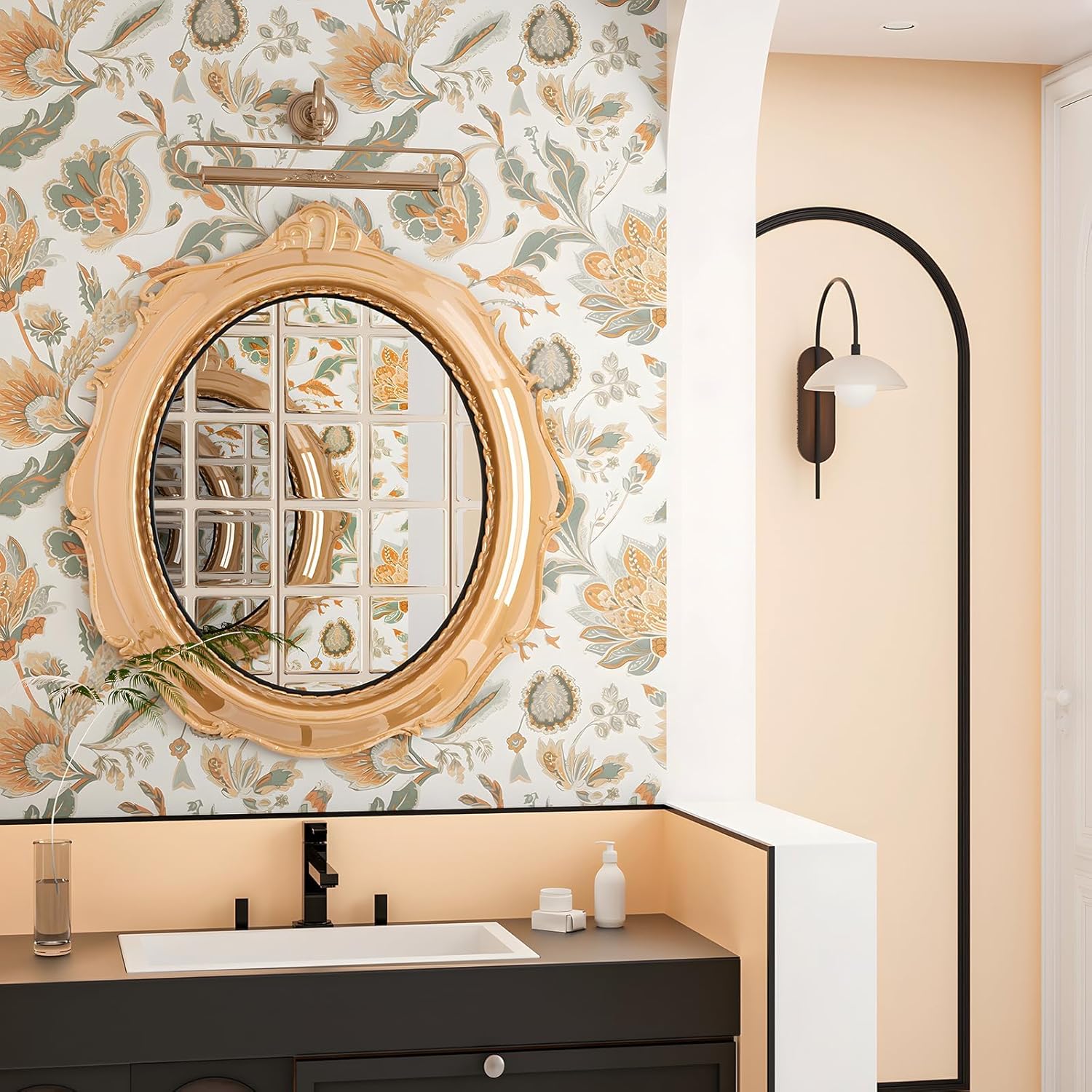Laatse Boho Wallpaper Peel and Stick Modern Floral Contact Paper Vinyl Waterproof Self-Adhesive Botanical Vintage Wall Paper for Walls Mural Drawers Cabinet 17.5in x 393in(Green,Orange)