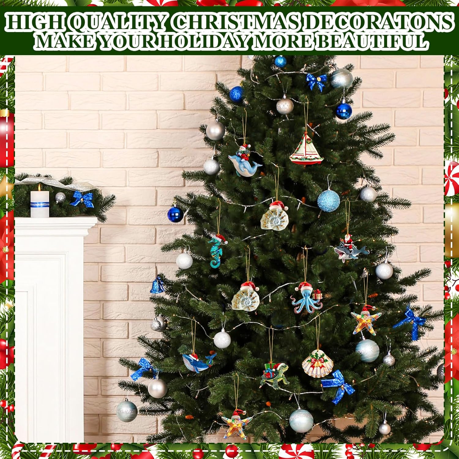 20 Pcs Sea Animal Coastal Christmas Ornament with Santa Hat Flat Wooden Beach Cutouts Sea Creature Tree Ornaments with Rope Seahorse Turtle Octopus Hanging Tree Decor for Holiday Xmas - Image 6