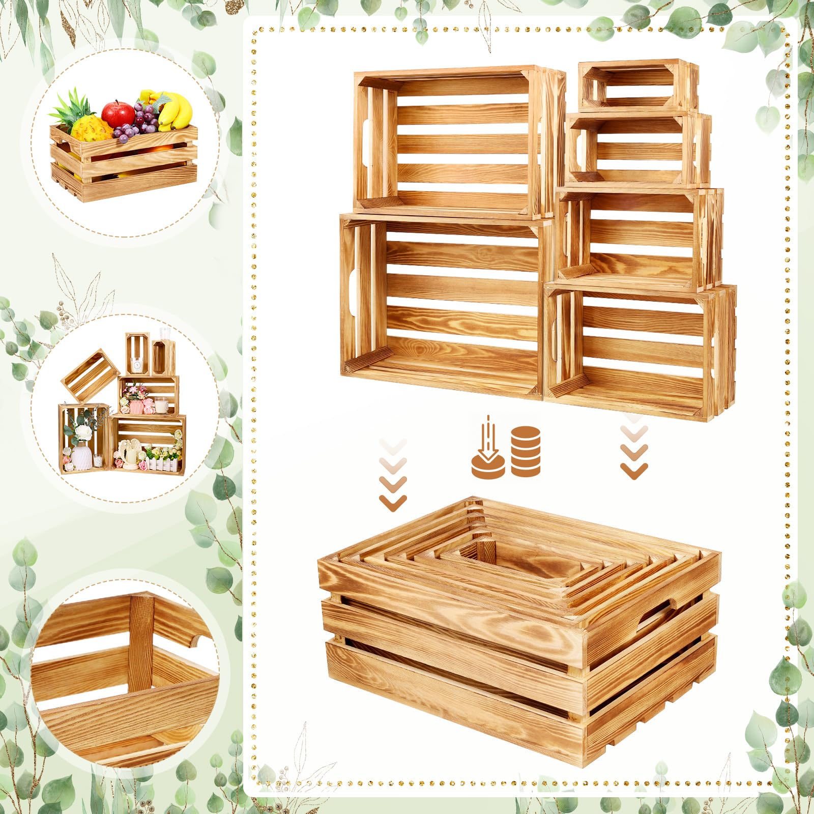6 cajas decorativas de madera para exhibición, cajas de madera blanqueadas para exhibición rústica, almacenamiento de 6 tamaños grandes, pequeñas cajas de almacenamiento decorativas de madera