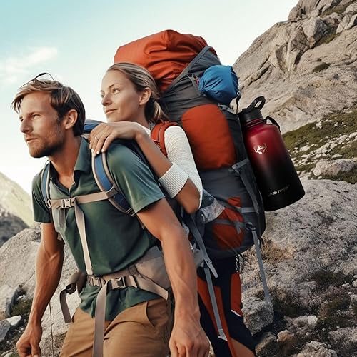 Miniatura 8 de NATURE PIONEOR Botellas de agua aisladas con mango de paracaídas, 24324064 onzas, botella de agua deportiva de boca ancha con 3 tapas, de acero