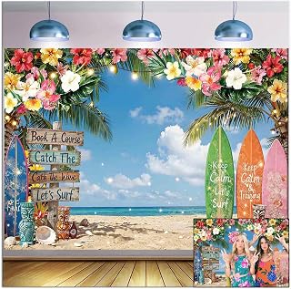 Summer Hawaiian Beach Photography Banner Tropical Flower Palm Leaves Sky Ocean Surfboard Photo Backdrop Luau Aloha Party Decoration Banner Picture Photo Booth Background