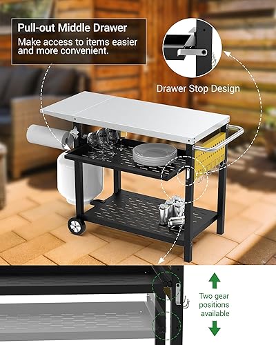 Miniatura 3 de Carrito de parrilla al aire libre con tablero de clavijas, mesa de horno de pizza de 3 estantes con cajón, carrito de comedor de cocina de acero