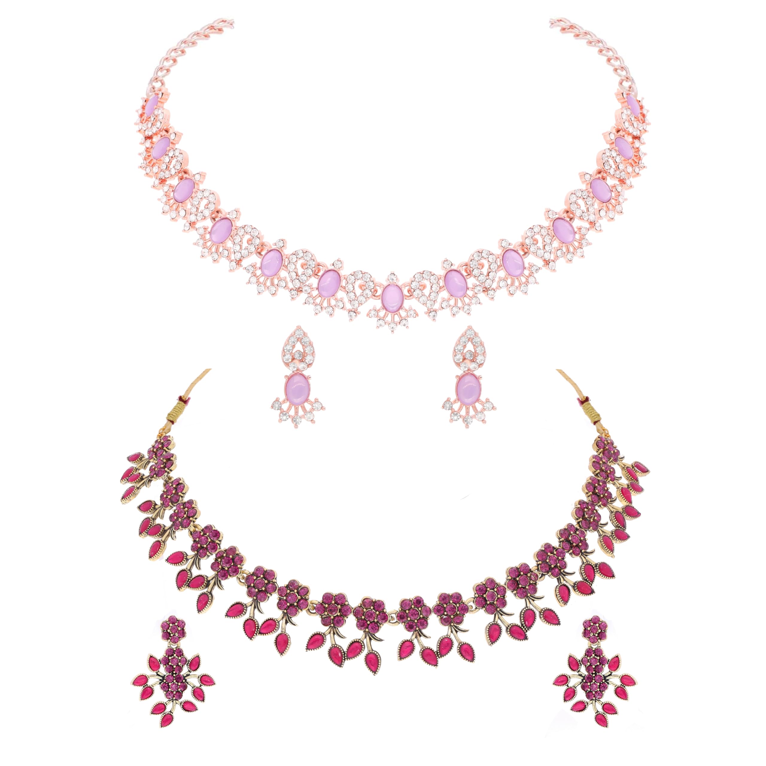 Brado Jewellery Latest Gold & Rose Gold Polish with AD Stone Studded Jewellery Choker Necklace Set Combo with Matching pair of Drop Earring for women and Girls (Lavender & Darkpink) (B0D8DXKB9W) Amazon Price History, Amazon Price Tracker