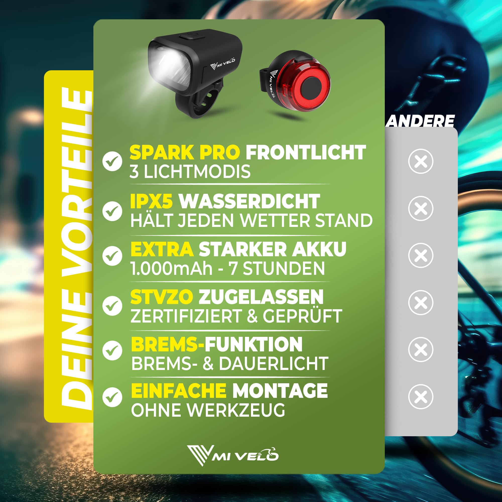 MIVELO Fahrradlicht Set mit Power-Akku, StVZO zugelassene Fahrradbeleuchtung USB aufladbar & wasserdicht, Fahrradlampe vorne & Fahrrad Rücklicht, Energieklasse A+++