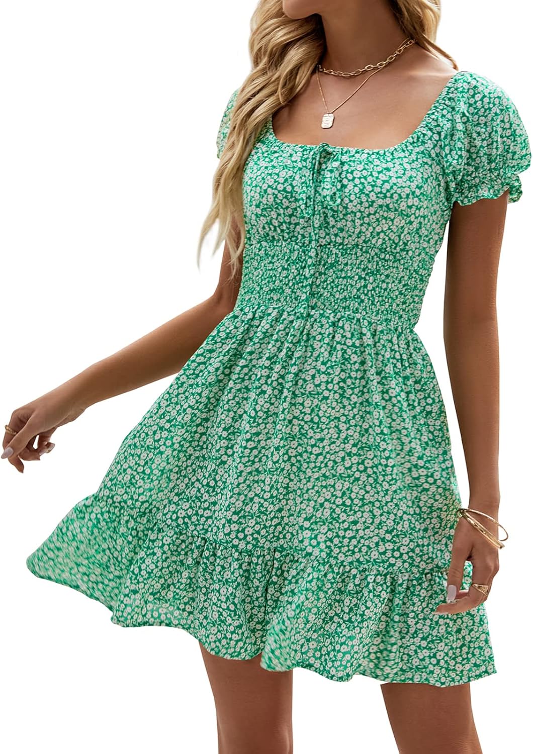 Heysolo Womens Boho Floral Smocked Square Neck Short Sleeve Ruffle Beach Summer Mini Dress