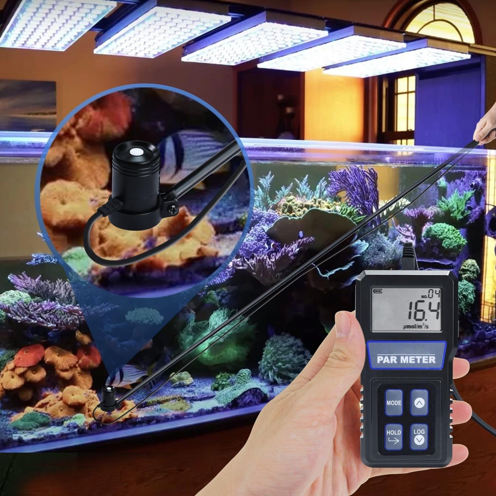 Medidor de luz, Medidor PAR arrecife acuario actividad fotosintética Sensor impermeable registrar datos medidor de luz espectro completo IP68