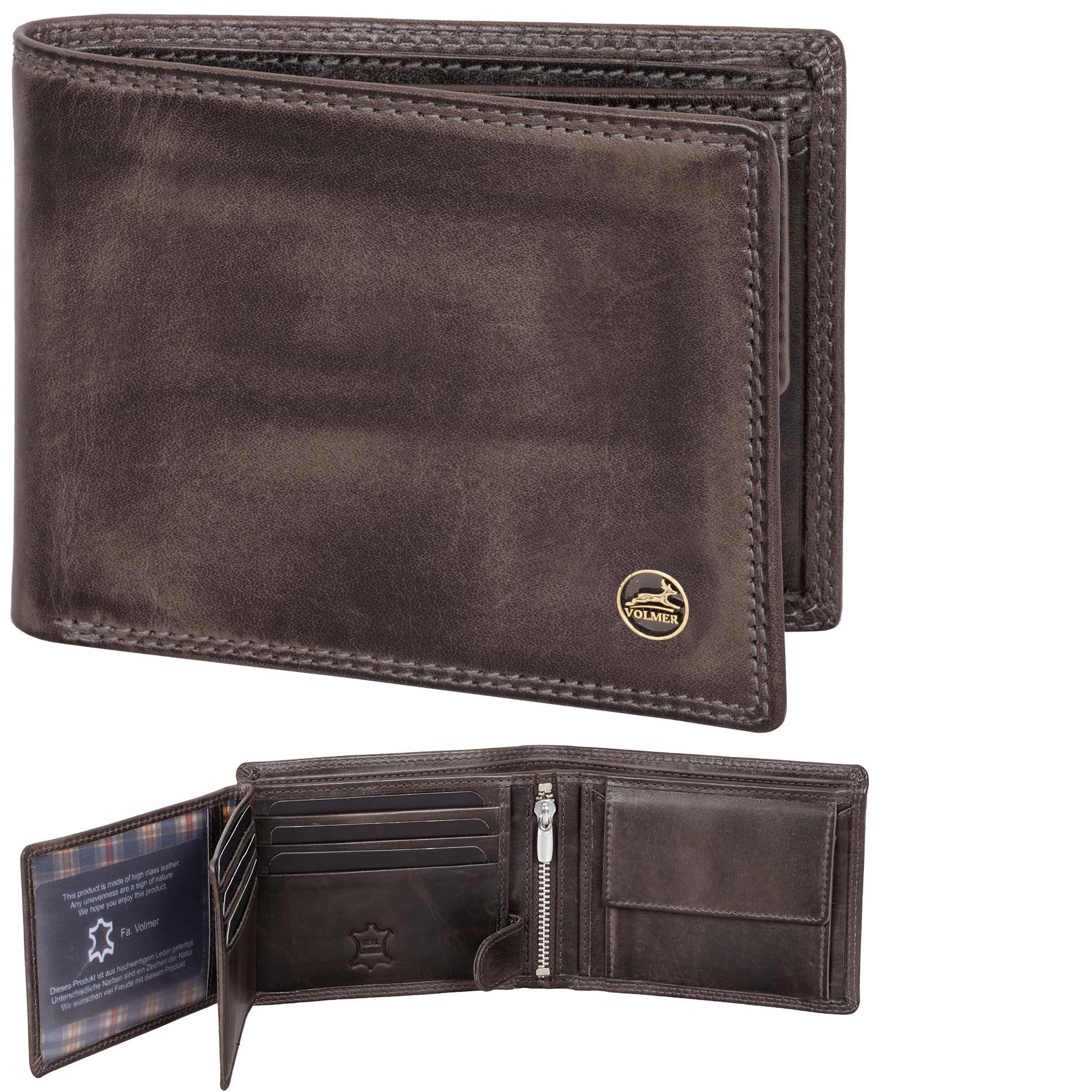 Fa.Volmer Leder Geldbörse Herren mit RFID-Schutz - extra-stabile Doppelnaht (9+4 Card - Basalt Grey)