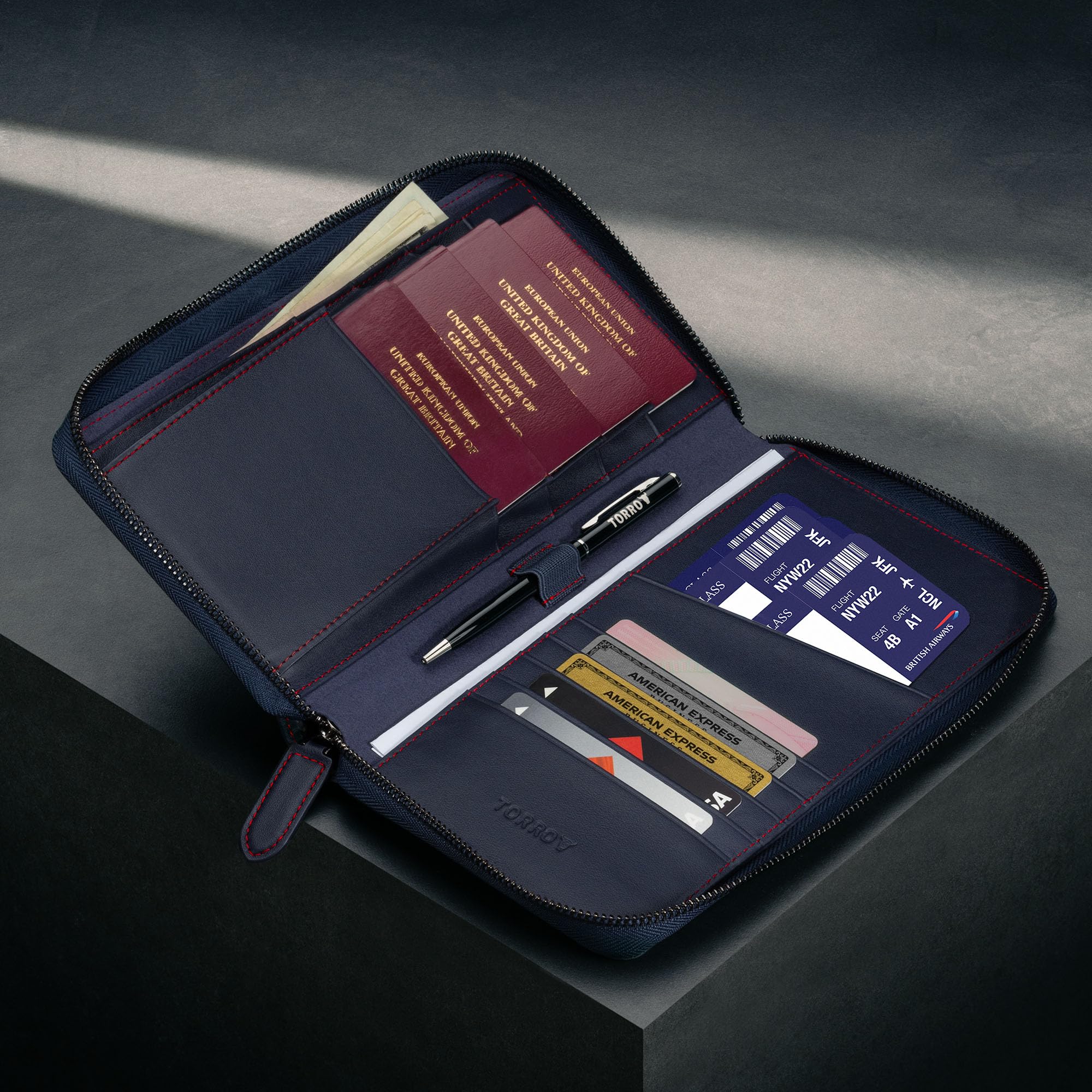 TORRO Cartera de Viaje Familia – Organizador de Viaje de Cuero de Primera Calidad/Cartera de Viaje con Soporte para Pasaporte Familia para 4 Pasaportes (Azul Marino)