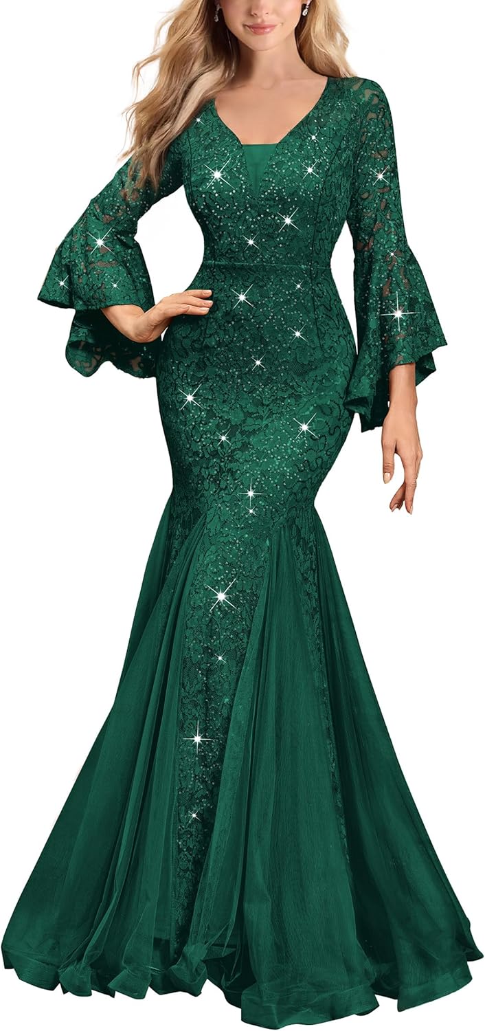 Miusol Women's Deep V Neck Sequin Lace Mesh Tulle Hem Formal Evening Maxi Dress