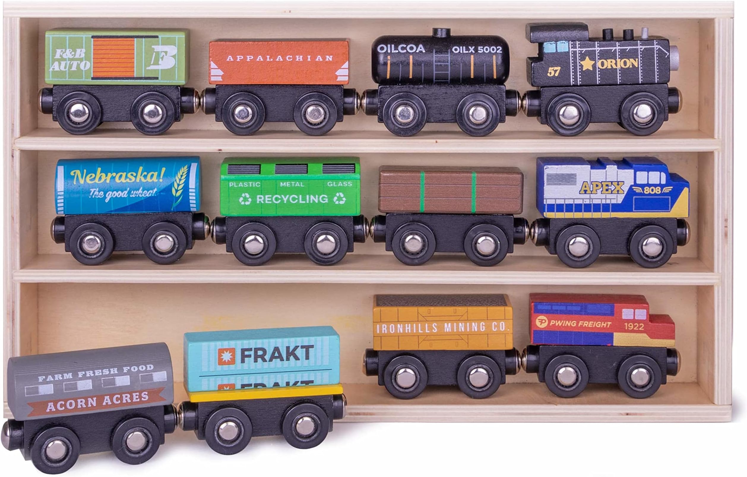 Playtime Express Train Set | 12-Piece Wooden Train Box | Includes Unique Custom Designs and Classics: Recycling Transport, Timber Train, Wheat Car, Coal Train, Oil Tanker, and More