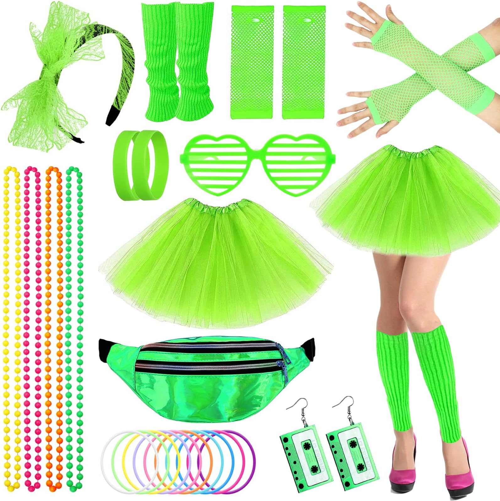 Acehome80s Costume Accessories Set for Women, 1980s Neon Fancy Dress Tutu Skirt Leg Warmer Necklace Headband 80s Outfit for Party