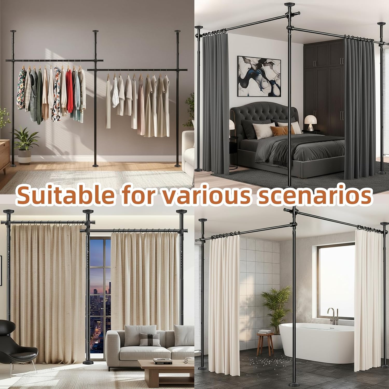 Room Divider No Drilling Curtain Rod Wall Divider for Room Separation, 4-10ft(H) 28-140inch(W) Adjustable Temporary Privacy Wall Divider, Heavy Duty Partition Separator Freestanding Tension, Black