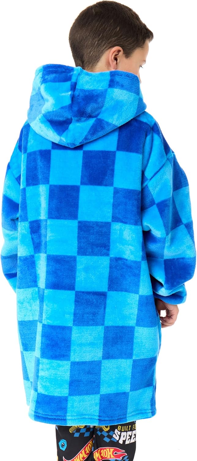 Hot Wheels Boys Wearable Blanket Hoodie | Children's Oversized Fleece Pullover in Blue with Printed Car Shaped Pocket