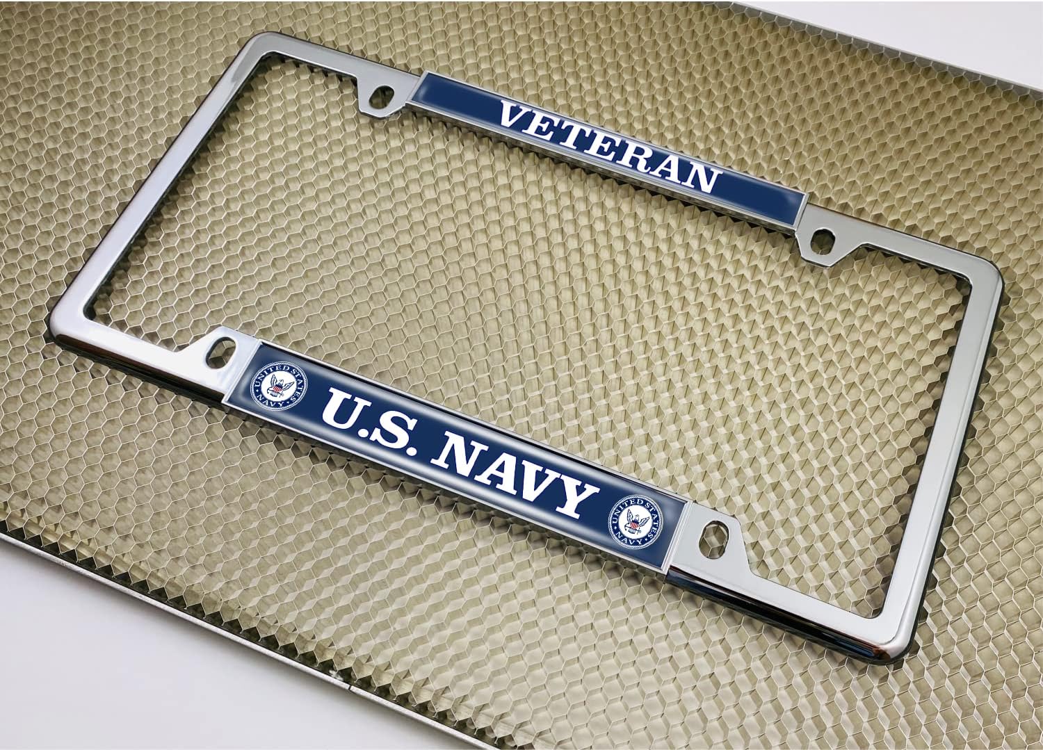 [Officially Licensed Product] - United States Navy Veteran - Domed Custom-Made Personalized Narrow (Thin) Top 4 Hole Metal Car License Plate Frame with Free caps - Chrome (Qty: 1 Frame)