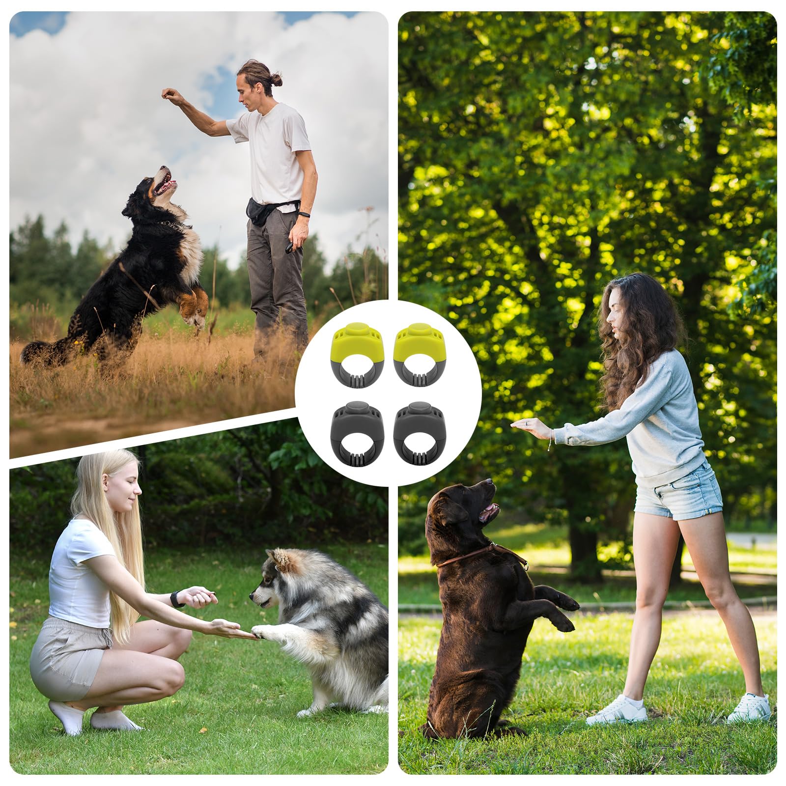 4X Clickers Chien et Chat (19mm/21mm) en Vert et Gris, Accessoire Pratique pour Dressage Chien et Chat, Clicker en Anneau pour Doigt pour Entraînement, Tours et Rappel