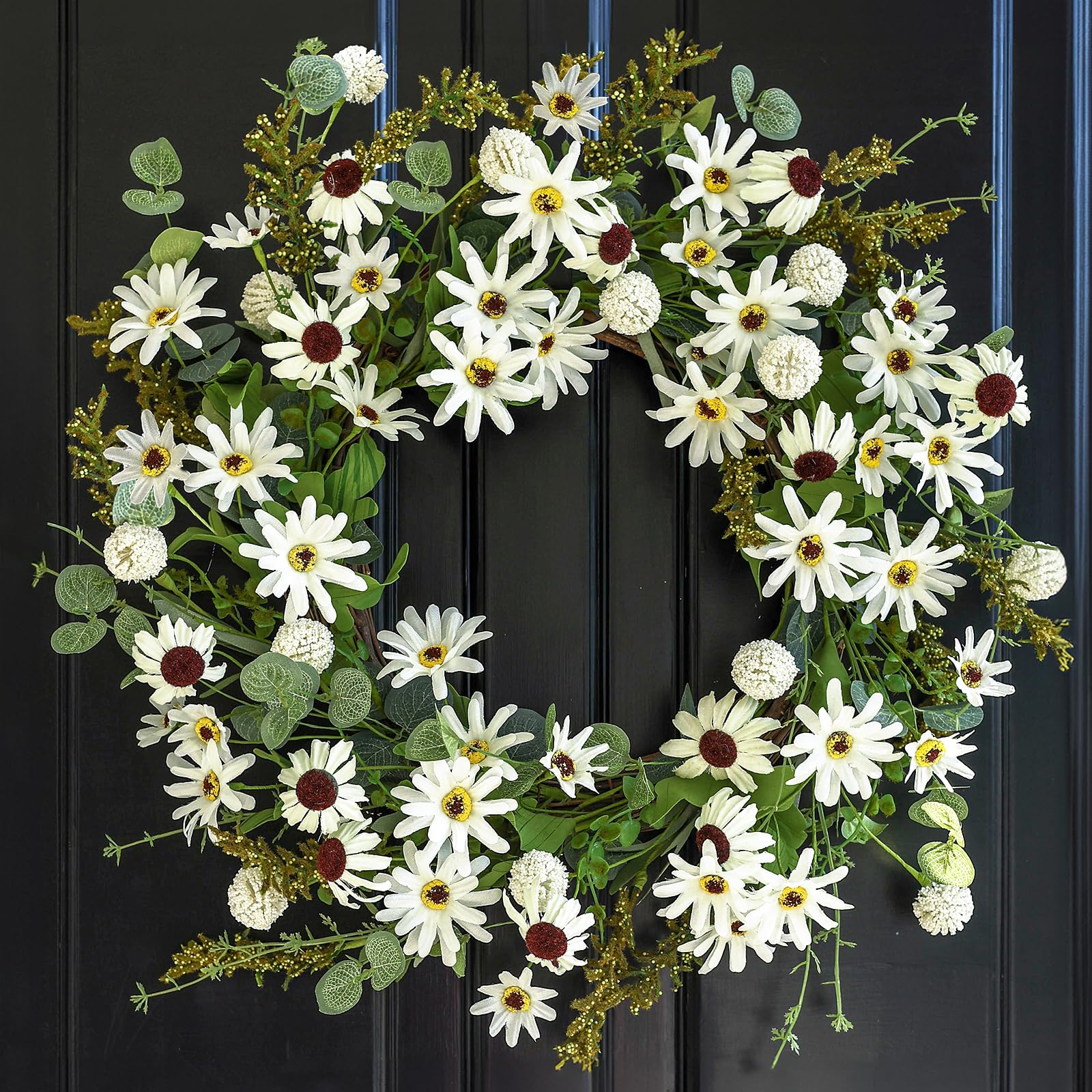 Hometrance Spring Wreath for Front Door with Cream Daisy, Black-Eyed Susan and Ball Berries, 20-22 Inch Outdoor Summer Wreath, Farmhouse Indoor Decor, Flower Wreath for Wedding Home Wall Window Porch