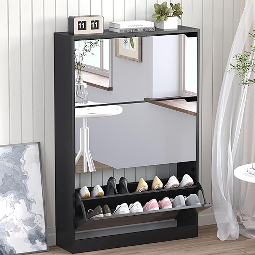 Miniatura 28 de Armario de almacenamiento de zapatos con 3 cajones abatibles, armario estrecho para zapatos, organizador independiente de almacenamiento para Negro