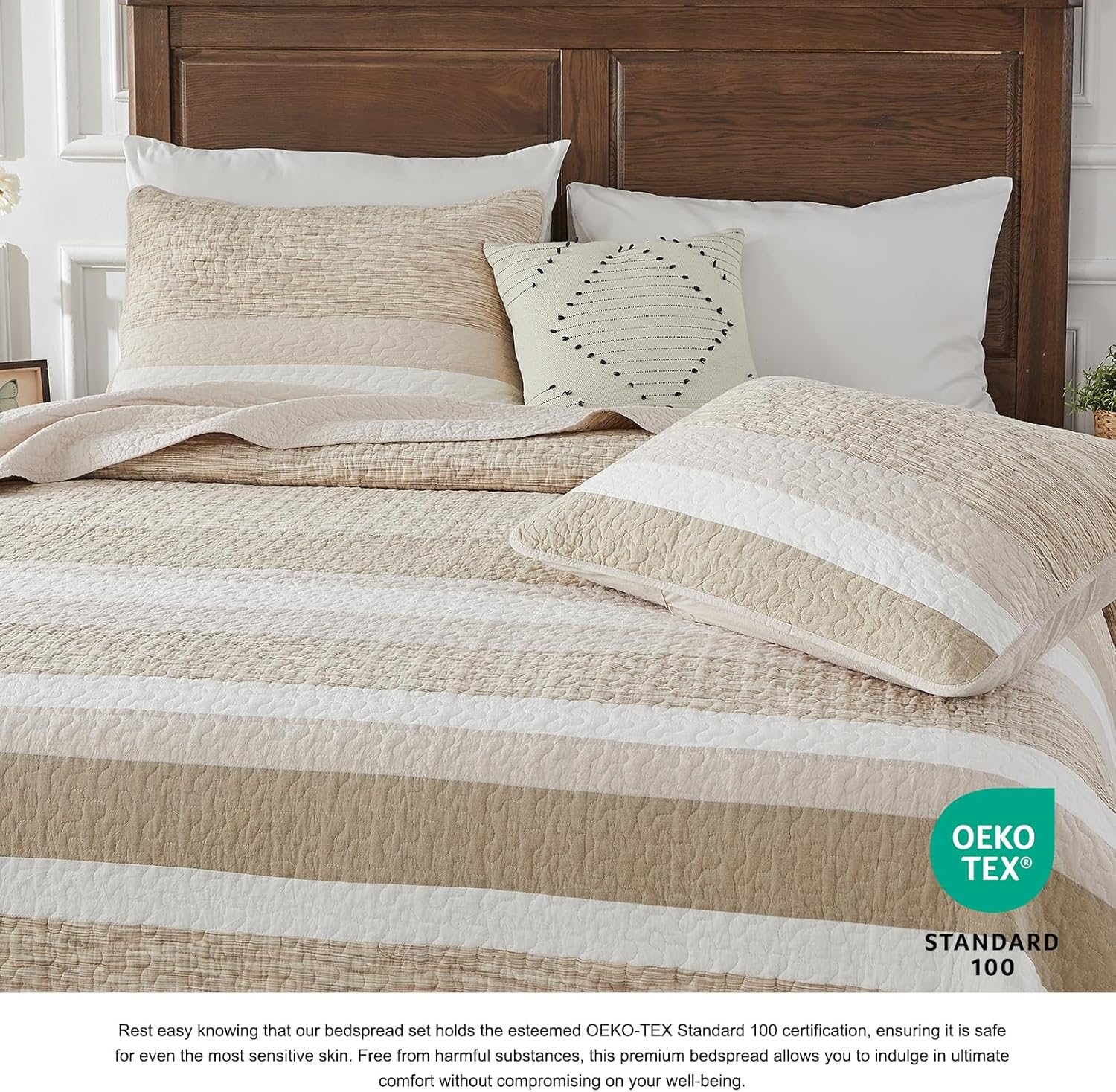 DDUOXIN Oversized King Bedspread - 120 W x120 L Extra Wide - Yarn Dyed 100% Cotton Stripe California Quilt with 2 Pillowcase, Reversible Soft Oversize Bedspreads Coverlet Bedding Set, Brown