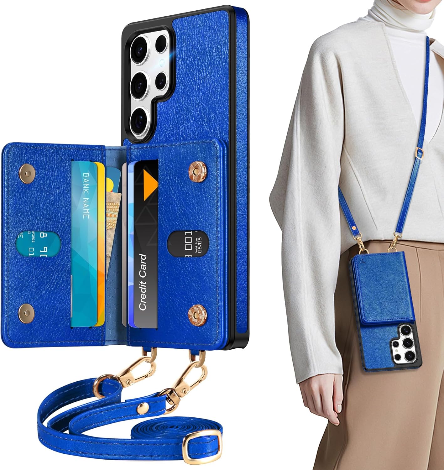 TUCCH Crossbody Case Wallet for Galaxy S25 Plus, [Detachable Lanyard Strap] PU Leather Magnetic Closure Folio RFID Blocking [6 Card Slots], Protective Phone Cover for Galaxy S25 Plus 2025, Klein Blue