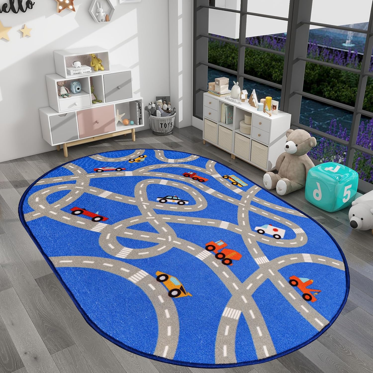 Kids Rug Car Play Mat for Toy Cars, Nylon Road Traffic 59"×78.7" for Playroom Blue