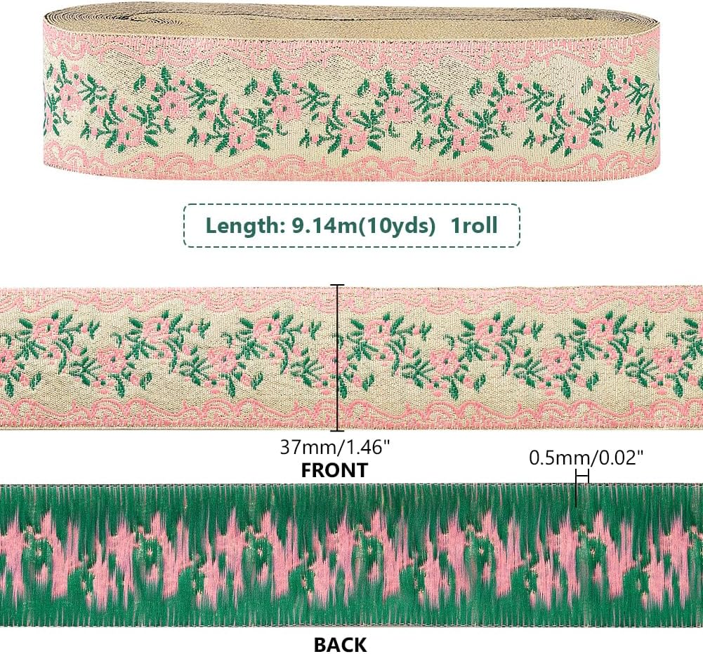 PH PandaHall 10 Yards 1.46 inch Jacquard Ribbon Vintage Embroidered Ribbon, Floral Pattern Ribbon Decoration Gold Silk Jacquard Fabric Trim for Dresses Headbands Towels Drapes DIY Clothes